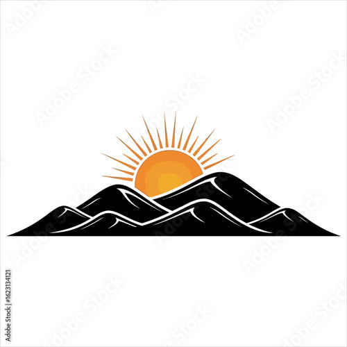 Orange sun rising over black stylized mountain range with white highlights sunrise sunset