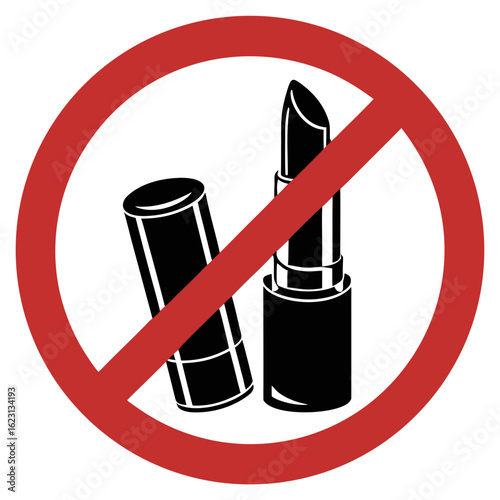 No makeup symbol depicts lipstick ban in red circle. Sign shows cosmetic prohibition with red round frame, indicating restriction. No makeup application,