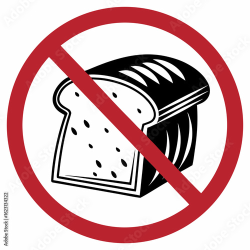 No bread sign featuring a loaf of bread crossed out, symbolizing dietary restriction. Restriction against bread emphasizes a no bread diet, depicting avoiding wheat for health or religious reasons.
