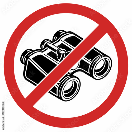 No peeking sign shows binoculars crossed out in red circle, clear visual prohibition. Clear warning sign indicates restriction of observing or spying actions, emphasizing privacy.