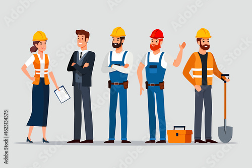 Building industry team with engineer, manager, and construction worker characters vector