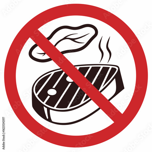 No eating graphic represents fasting for Yom Kippur. Symbol prohibits food, including meat and salad. No eating sign represents abstinence and reflection.