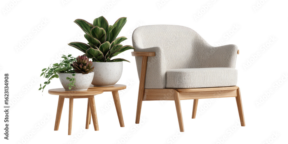 Fototapeta premium Light beige armchair and wooden side tables with potted plants