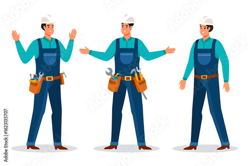 Industrial worker character in overalls and hard hat. Vector illustration set.