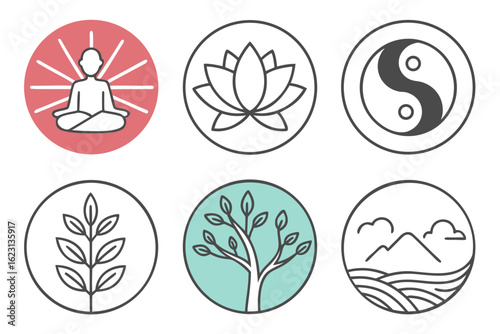 Set of six circular icons representing yoga, lotus, yin yang, plant, tree, and nature