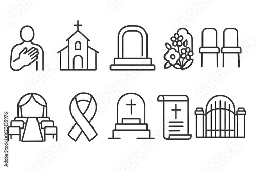 Funeral, memorial outline icon set. cemetery, graveyard symbols collection in line style