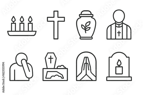 Memorial, funeral outline icon set. essential cemetery, ceremonial outlined icons