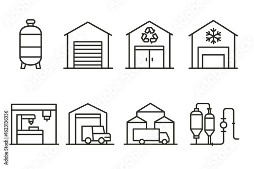 Industry facilities icon set. linear icons for factory, warehouse, recycling, transport