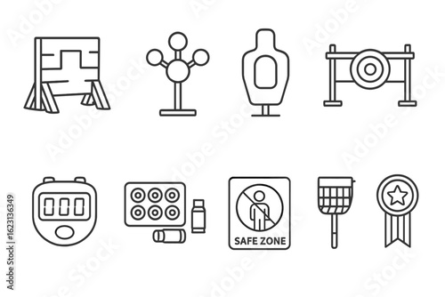 Target practice outline icon set. shooting, safety, equipment line collection.
