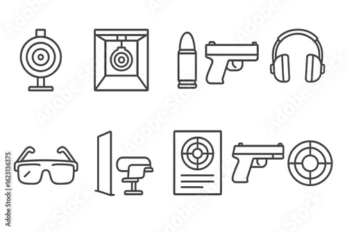 Shooting range, firearm equipment line icon set. precision, safety gear linear icons