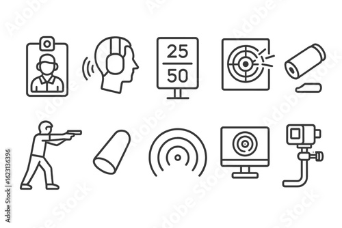 Shooting and range linear icon set. firearms, safety gear, target practice graphics