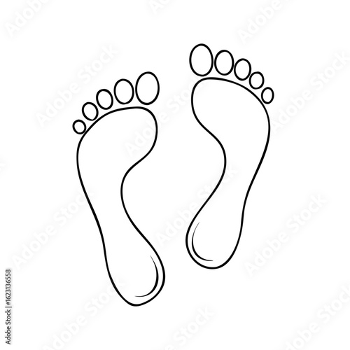 Footprints showing human steps in simple black and white design, isolated on plain background. Showing human steps, these feet outlines symbolize progress and movement, offering simplistic design.