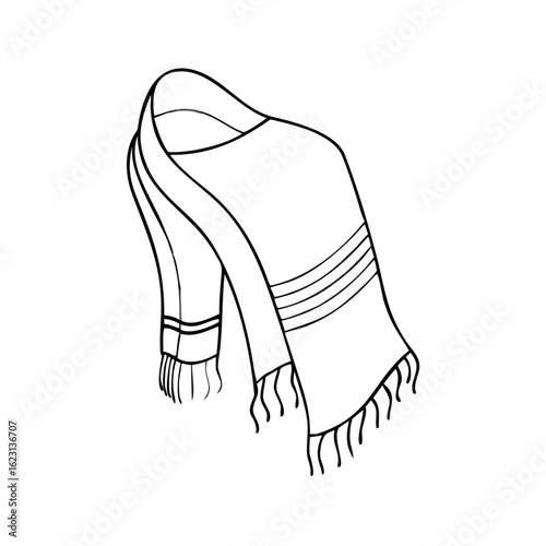 Traditional tallit outline for Yom Kippur celebration, detailed linear illustration of Jewish prayer shawl. Yom Kippur symbol has fringed edges and classic stripes, used in religious ceremonies.