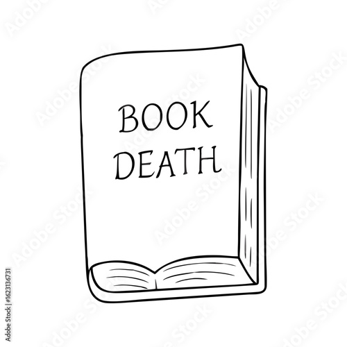 Depiction of book death with minimalist design, showing open book with "book death" printed on its pages, in black and white.