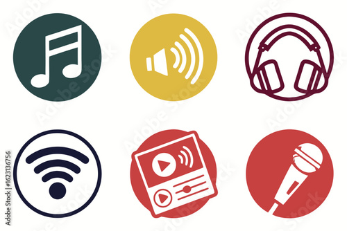 Collection of six circular icons representing music, sound, and internet