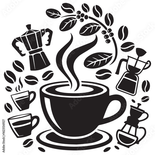 Steaming cup of coffee surrounded by coffee beans moka pots and coffee plant branches in a whimsical black and white illustration