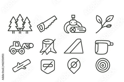 Forestry, logging line icon set. tree management, timber harvesting outline collection