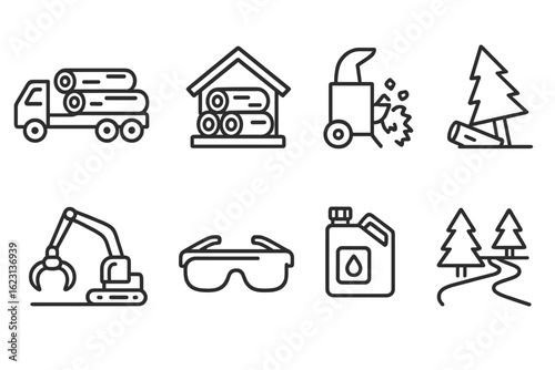 Lumber industry solid icon set for logging, equipment, and tree infrastructure