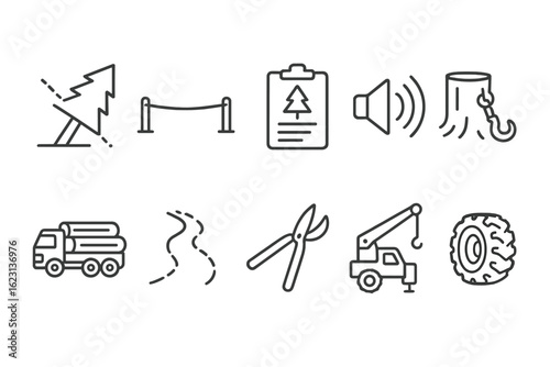 Forestry, logging linear icon set. wood, tree management tools in line style