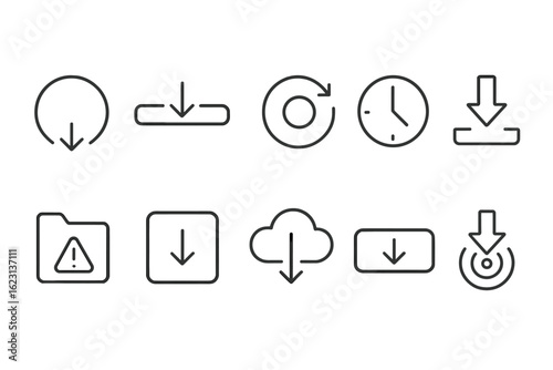 Download, upload linear icon set. data transfer, cloud storage line art collection