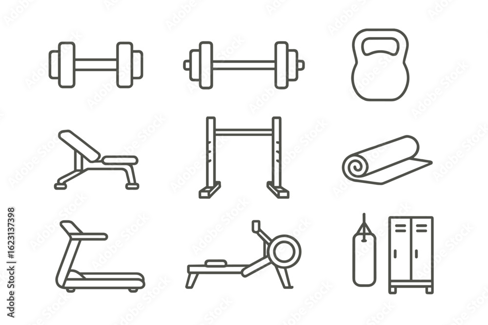 Obraz premium Fitness equipment icon set. gym essentials in a sleek outline style