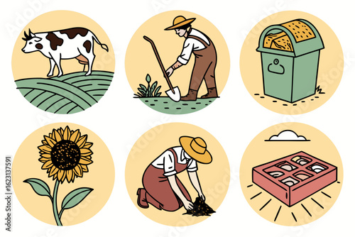 Set of farm and gardening icons with cow, farmer, sunflower, and tools