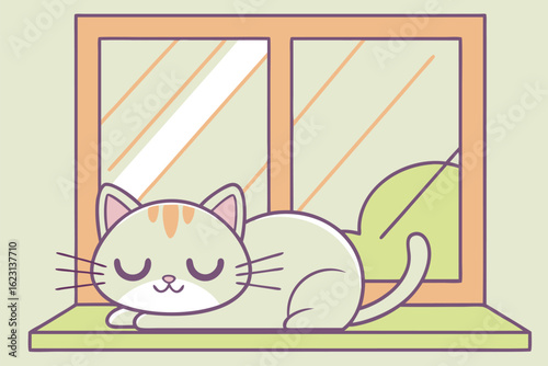 Cute tabby cat is sleeping peacefully on the windowsill near a leafy tree