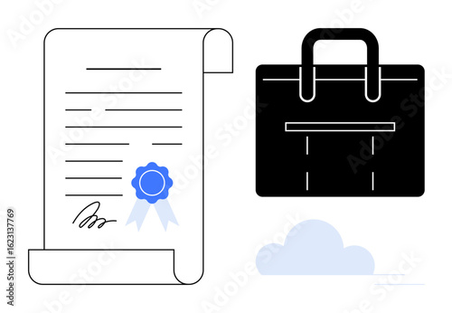 Signed paper scroll with a blue ribbon and briefcase suggest professionalism, certification, and corporate work. Ideal for business, law, partnerships, agreements, success, formalities simple flat