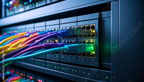 Colorful Network Cables Plugged into Steel Port Wall Industrial-Grade Server Room Featuring Backup Power Units, Precision Cooling Racks, Exposed Power Cables, and Ventilation Infrastructure.