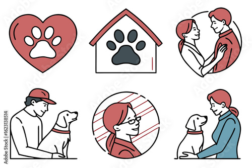 Collection of icons depicting pets, love, and care for animals