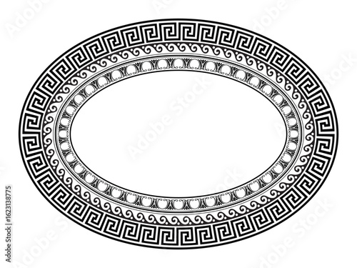 Vintage Oval frame in Greek style. Greek meander. Mediterranean porcelain plate with pattern on white background. Oval floral european pattern frame arabesque. Pattern frame for oval ceramics, textile