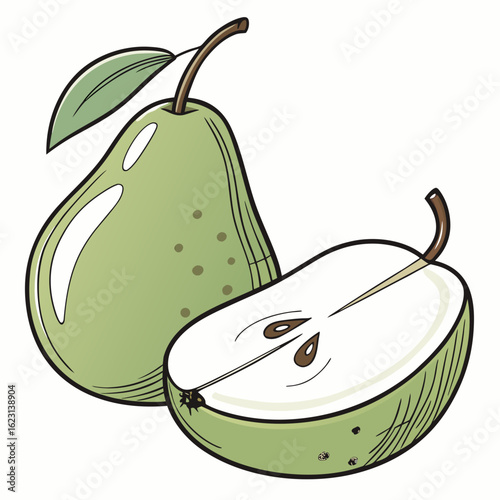 Illustration of a whole and halved green pear with leaf