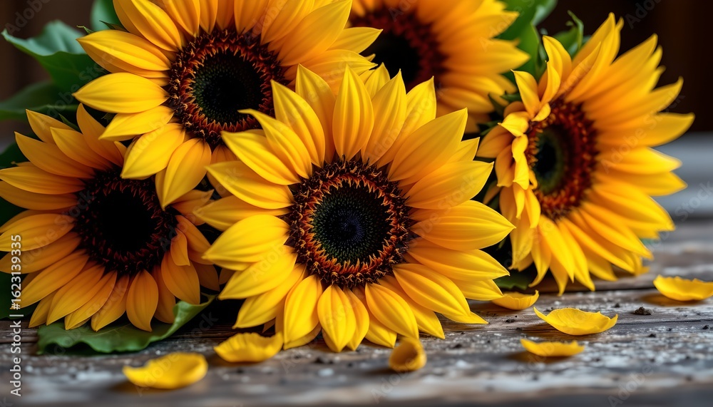 Obraz premium a vibrant cluster of sunflowers are displayed prominently on a rustic wooden surface. the flowers, in various stages of bloom, showcase bright yellow petals surrounding dark, textured centers