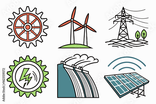 Set of icons representing different sources of energy and power generation
