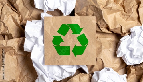 A recycling symbol is prominently displayed on a brown paper background, surrounded by crumpled white paper, emphasizing sustainability and waste reduction.