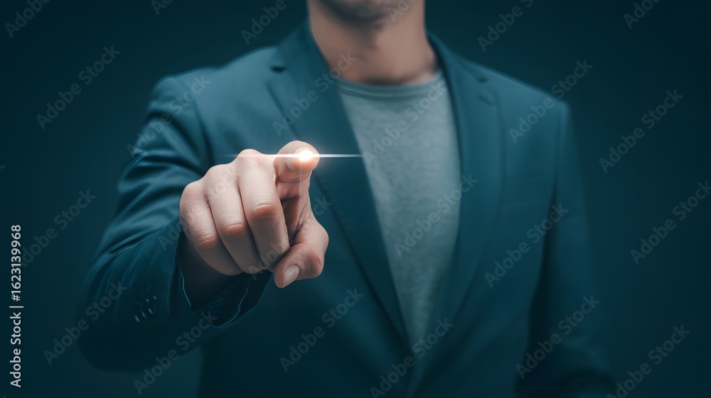 Fototapeta premium Man in a suit pointing with his finger towards the camera in a dark blue background studio shot