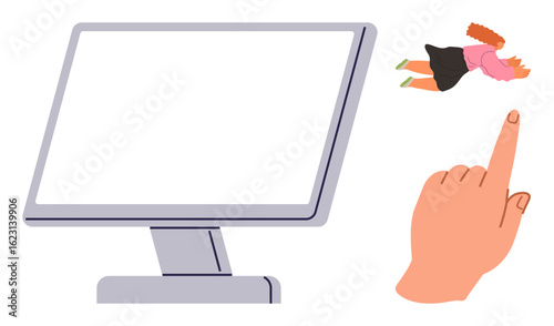 Blank monitor, giant pointing hand interacting with a miniature human figure in professional attire. Ideal for control, technology, power dynamics, virtual interaction, creativity, influence