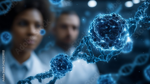 Modern research laboratory with scientists examining DNA strands and cancer cells under a microscope, symbolizing advanced cancer research and new therapies including immunotherapy
