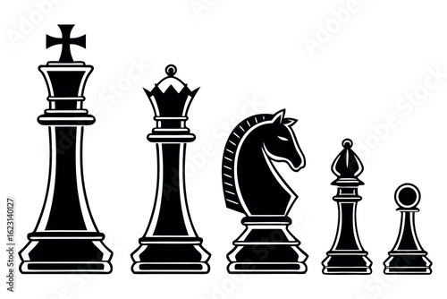 Five chess pieces, including king, queen, knight, bishop, and pawn, stand black and isolated