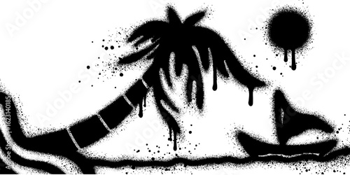 Spray Painted Graffiti summer icon with palm tree and moon isolated on white background.
