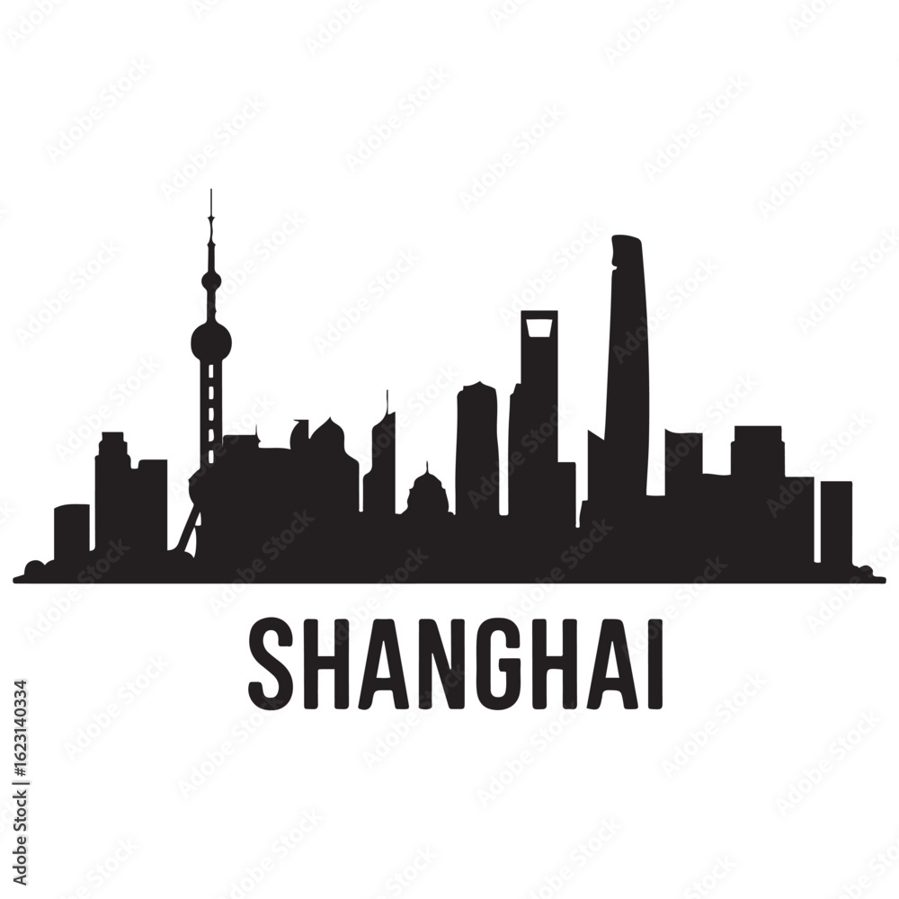 Fototapeta premium Shanghai skyline horizontal banner. Shanghai City, China. Vector template for your design. Vector black silhouette. with white background