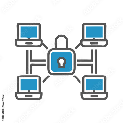 Virtual private network (VPN) icon with interconnected computers and padlock in blue color, representing secure online access in a modern design