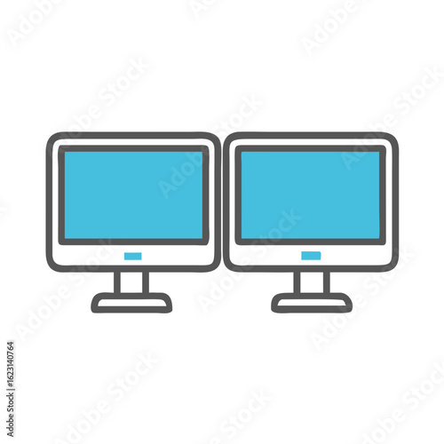 Dual monitor setup icon representing an enhanced workspace in blue on a white background