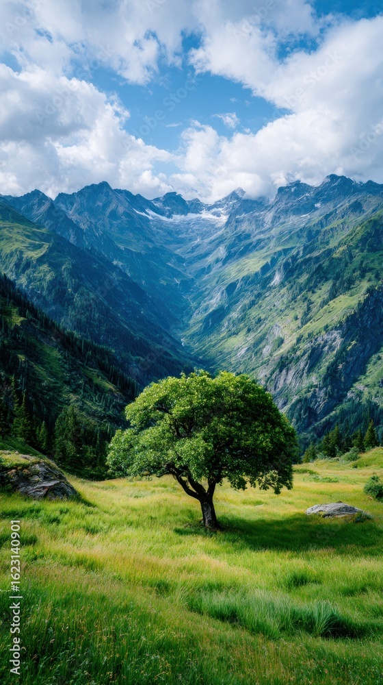 Obraz premium Alpine valley with vibrant green meadows