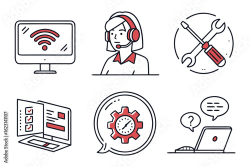 Set of icons for customer support and technical assistance isolated on white background