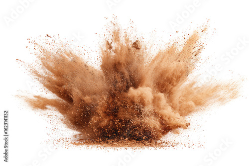 A dramatic explosion of light brown powder, radiating outward in a symmetrical burst