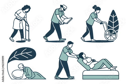 Medical professionals assisting patients with mobility and care