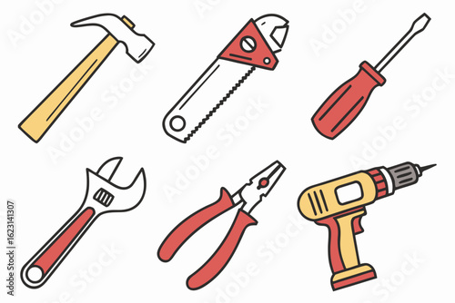 Collection of common hand tools and power drill isolated on white background