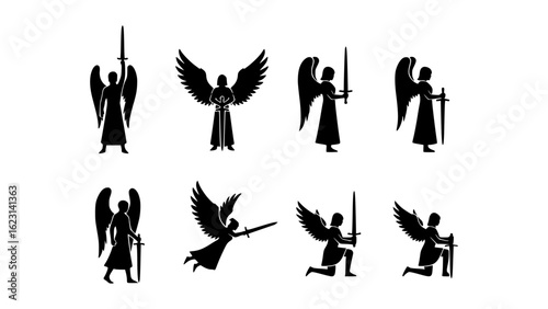 A collection of silhouettes depicting an angel in various poses