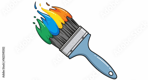 Cartoon Paintbrush with Green, Blue, Yellow, and Orange Paint Dripping